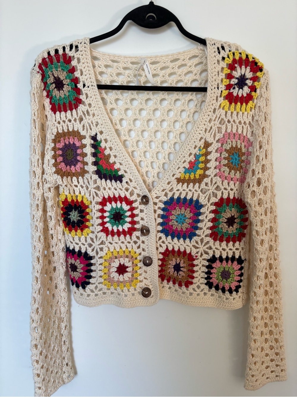 Dreamers Cream Crochet V-Neck Cardigan with Multicolor Patchwork